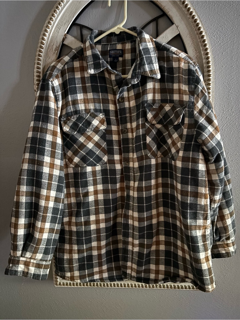 SMITH Plaid Flannel Shirt Jacket in Brown, Black & Cream, fleece lined